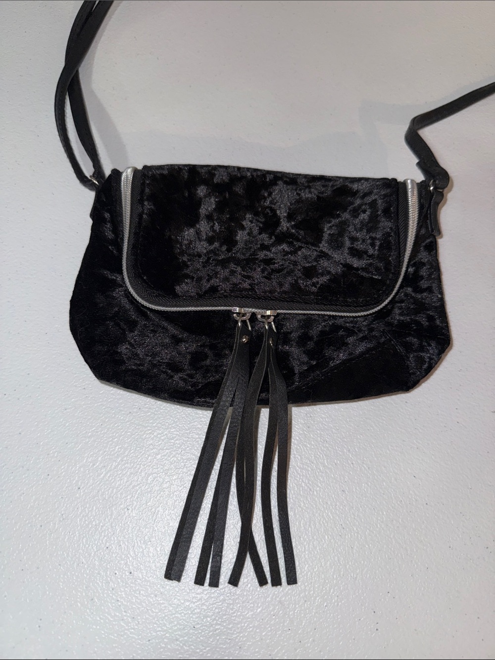 Black velvet small purse with fringe tassel
